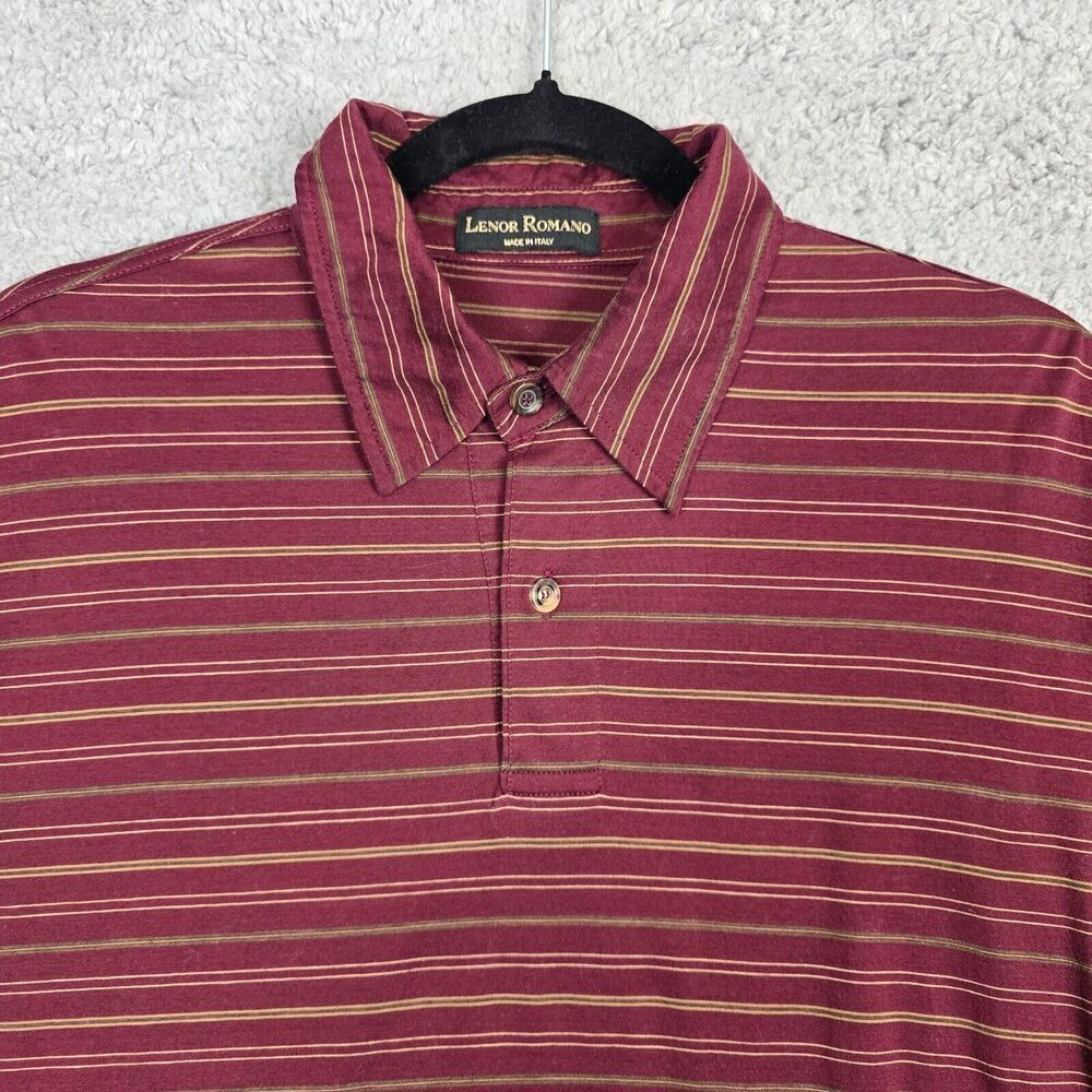 Lenor Romano Striped Polo Shirt Henley Mens Large Made in Italy Maroon Red/Gold - Picture 2 of 7